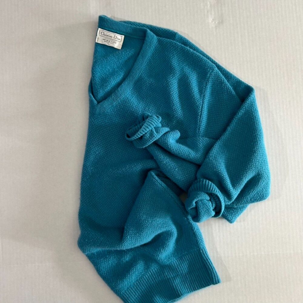 VTG Christian Dior Turquoise Blue V Neck Knit Pullover Sweater L Quiet Luxury